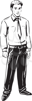 Man wearing a white shirt and tie standing with his arms at his side, black and white hand-drawn doodle illustration