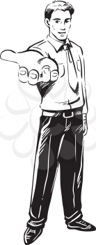 Handsome young businessman extending his hand towards the viewer with the empty palm up, hand-drawn black and white vector illustration