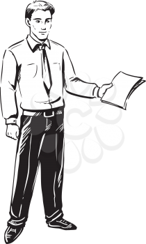 Handsome young businessman standing holding out a document in his hand, black and white hand-drawn doodle illustration