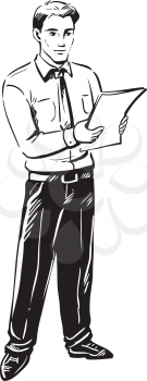 Businessman in a white shirt and tie standing reading a document, black and white hand-drawn doodle illustration