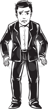 Frustrated businessman in a suit standing in a belligerent pose frowning and glaring at the viewer, black and white hand-drawn doodle illustration