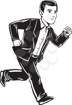 Businessman in a suit who is late for a meeting or appointment and in a hurry running along mid stride, black and white hand-drawn vector illustration