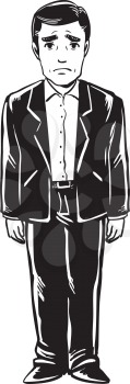 Sad businessman in a suit standing facing the viewer with a woebegone expression, black and white hand-drawn doodle illustration