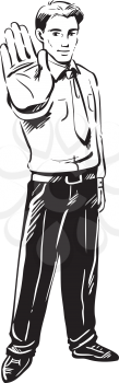 Businessman standing full length making a Halt or Stop gesture with the palm of his hand facing the camera, conceptual vector sketch