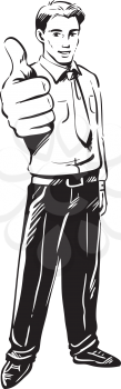 Hand drawn vector doodle of a businessman making a thumbs up gesture with his hand towards the viewer signalling his approval, support or success