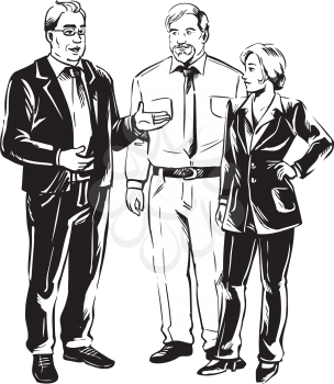 Group of businesspeople having a discussion standing together with a man in a suit and glasses talking to a stylish man and woman, full length hand drawn vector sketch