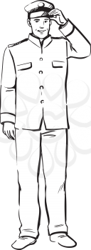 Captain of a ship in a clean white uniform raising his hand to the peak of his cap in a salute or greeting, black and white hand-drawn vector illustration
