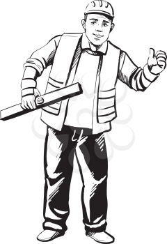 Confident young construction worker, artisan or builder carrying a level in his hand and wearing a safety helmet or hard hat, hand drawn vector illustration