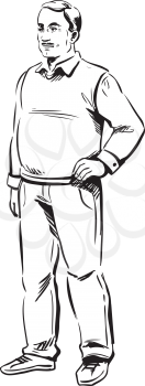 Customer man middle-aged with a moustache wearing a pullover standing with his hand on his hip, hand-drawn black and white vector illustration