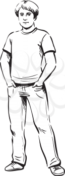 Young confident teenage boy standing in a relaxed position with his hands in the pockets of his jeans, hand-drawn black and white vector illustration