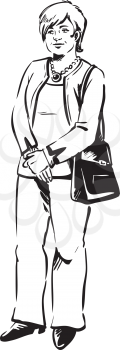 Stylish older woman in slacks carrying a large modern handbag standing with clasped hands, hand-drawn black and white vector illustration