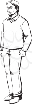 Handsome man with a neutral expression standing in a relaxed pose, black and white hand-drawn doodle illustration