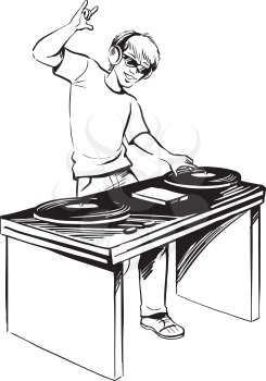 Disc jockey wearing headphones mixing music standing at his deck over the turn tables and vinyl records at a disco or party, hand-drawn black and white vector illustration