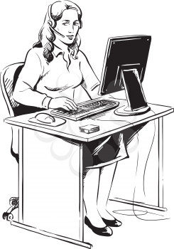 Receptionist or client services operator sitting at her desk in front of a computer wearing a headset and speaking to clients, black and white hand-drawn vector illustration