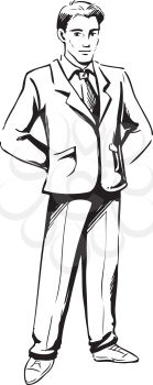 Businessman in a smart suit standing with his hands behind his back, black and white hand-drawn doodle illustration
