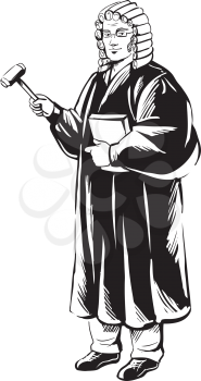 Judge standing in his robes and wig holding a law book and his gavel for delivering judgement, black and white hand-drawn vector illustration