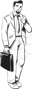 Smart lawyer with a beard walking along carrying a briefcase to court, black and white hand-drawn vector illustration