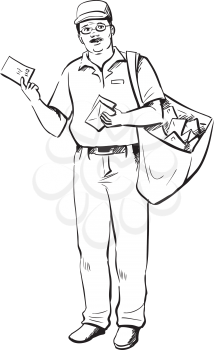 Mailman or postman with a sack full of letters and correspondence holding an envelope in his hand as he prepares to deliver it, black and white hand-drawn vector illustration