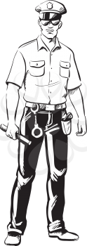 Policeman in uniform carrying a baton and handcuffs and wearing a holstered handgun, black and white hand-drawn vector illustration