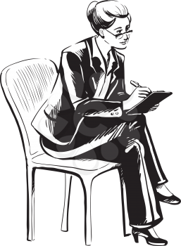 Female psychologist or psychiatrist sitting conducting a patient interview and discussion taking medical notes, black and white hand-drawn vector illustration