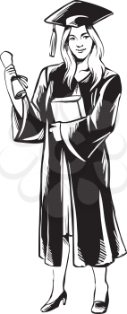 Student at her graduation ceremony standing in her academic gown and mortarboard carrying a diploma, hand-drawn black and white vector illustration