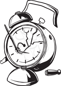 Hand-drawn vector illustration of a broken alarm clock with a cracked glass, broken hands , a missing foot and one of the bells on the top lying on the floor below