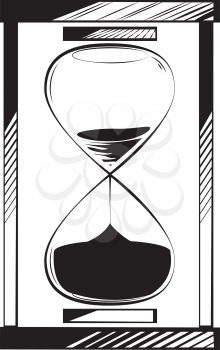 Quarter full hourglass or egg timer with little time remaining and sand running through measuring passing time, black and white hand-drawn doodle illustration