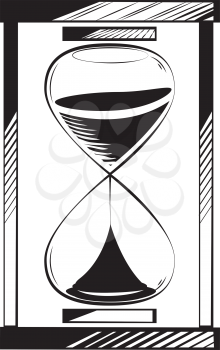 Three quarters full hourglass or egg timer with sand running through measuring passing time, black and white hand-drawn doodle illustration