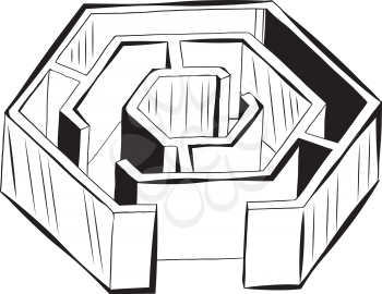 Hexagonal labyrinth or maze from a high angle perspective showing the pattern of the passageways leading to the centre, hand-drawn vector illustration