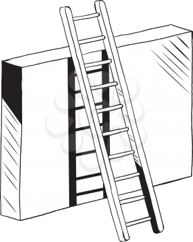 Ladder leaning against a wall offering a solution, means of access or means of escape, side angle perspective with a cast shadow, hand-drawn vector illustration