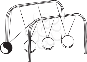 Newtons cradle, a device that demonstrates conservation of momentum and energy via a series of swinging spheres setting each other in motion, black and white hand-drawn vector illustration