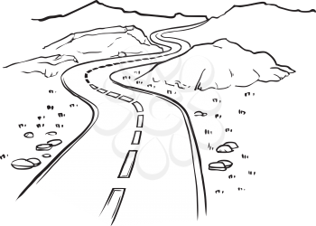 Highway with central road markings winding through a hilly landscape and disappearing into the distance conceptual of travel and infrastructure, black and white hand-drawn vector illustration