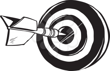 Dart in the centre of a target or dart board signifying a bulls eye or victory or the achievement of ones goals, black and white hand-drawn vector illustration