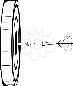 Accurately thrown dart on target for a bulls eye aiming straight for the centre of the dart board or target, black and white hand-drawn vector illustration