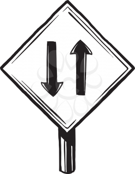 Road sign warning of 2 lanes or two way traffic with two arrows shown pointing in opposite directions, black and white hand-drawn vector illustration