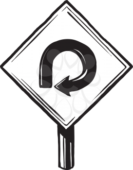 Traffic sign showing a continuous Turn with the road circling back on itself warning motorists to slow down, black and white hand-drawn vector illustration
