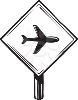 Airport traffic warning sign showing a flying jetliner, black and white hand-drawn vector illustration