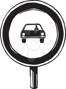 Ban on cars road traffic sign prohibiting the passage or presence of cars showing a driver in a vehicle, hand-drawn black and white vector illustration