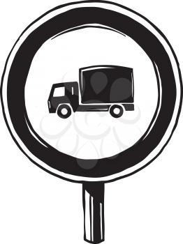 Road traffic sign showing a Ban on Trucks which are prohibited from driving further, black and white vector illustration