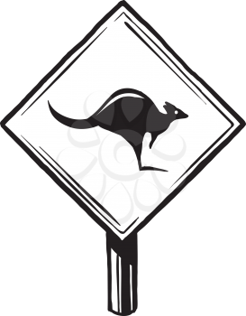 Caution road traffic sign for kangaroos warning motorists to be on the look out for animals on the road, hand-drawn black and white vector illustration