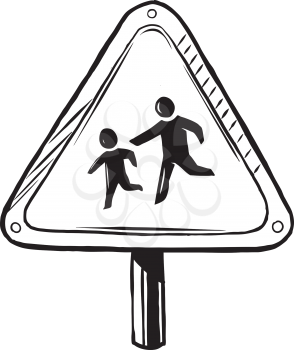 Traffic sign warning of children crossing or playing usually found near a school, park or playground, hand-drawn vector illustration