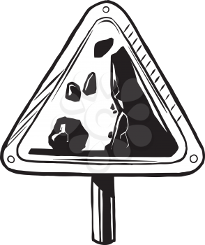 Traffic warning sign to alert drivers to the danger of falling rocks, hand-drawn vector illustration