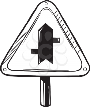 Caution road traffic sign showing Right of way for traffic moving straight ahead with incoming side traffic to yield, black and white vector illustration