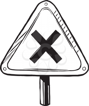 Traffiic sign warning of an intersection or cross roads up ahead, hand-drawn vector illustration