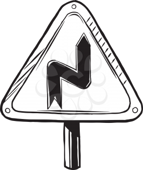Winding road ahead traffic sign warning drivers that the road ahead is full of curves and bends, hand-drawn vector illustration