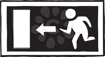 Exit sign indicating the position of the exit from a building in case of emergency showing a man running, black and white hand-drawn vector illustration