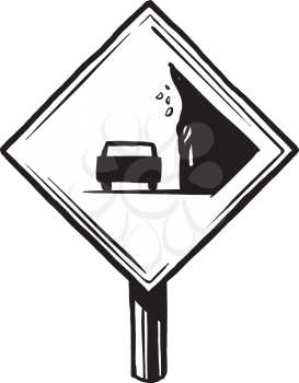 Warning traffic sign for falling rocks from unstable terrain, hand-drawn black and white vector illustration