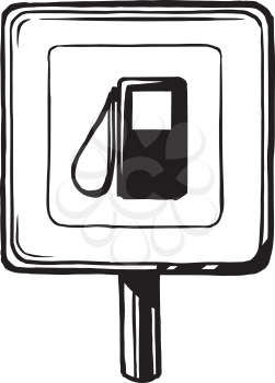 Traffic sign showing an approaching petrol station, service station or pump with a supply of gasoline, hand-drawn vector illustration