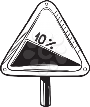 Triangular traffic sign warning of a steep gradient, slope or hill on the road ahead, hand-drawn vector illustration