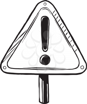 Hazardous point road traffic warning sign showing an exclamation mark, black and white hand-drawn vector illustration